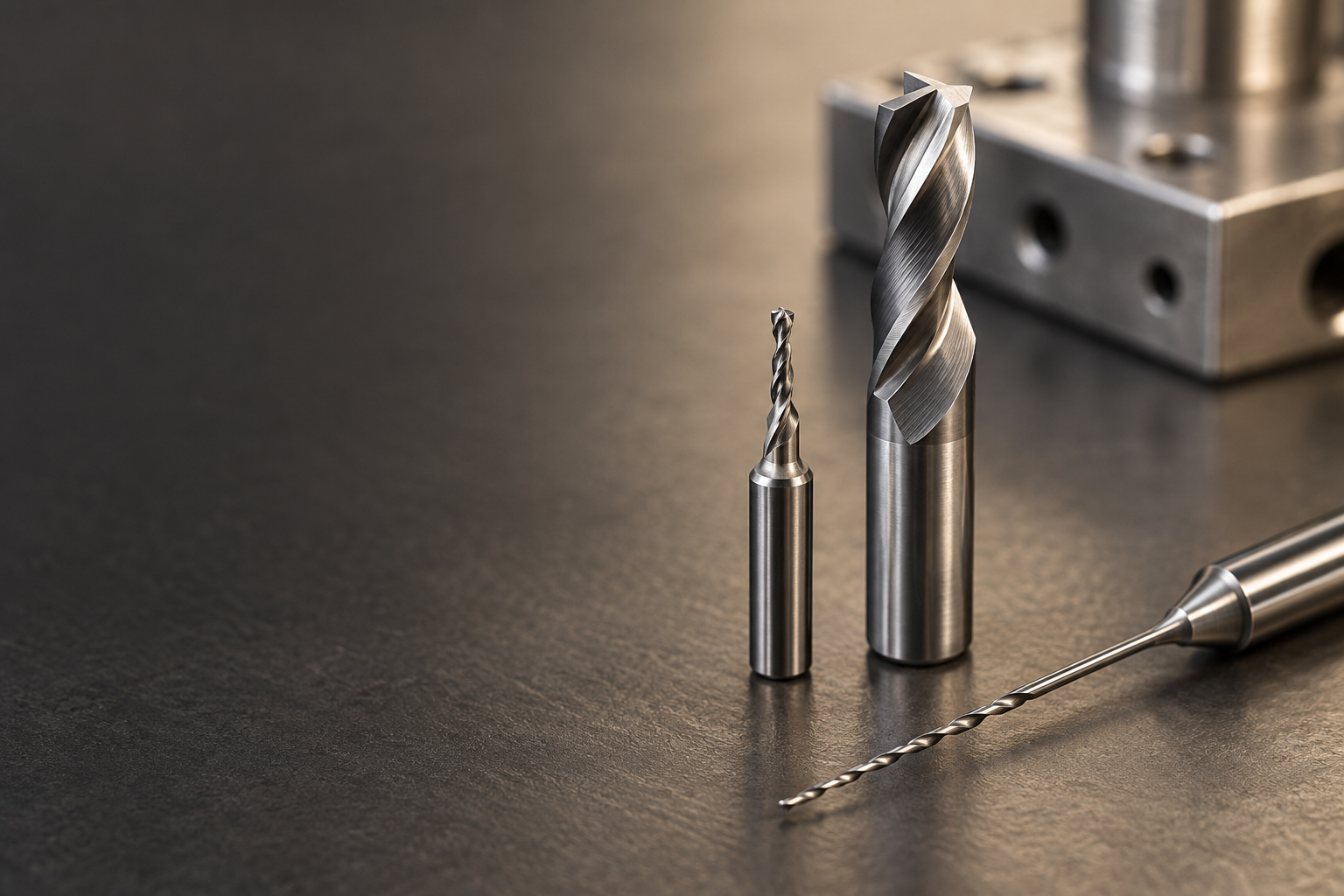 Illustrative studio photograph of precision micro drills and cutting tools